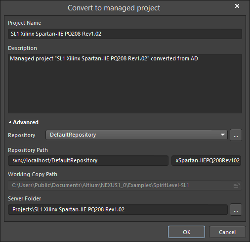 The Convert to managed project dialog