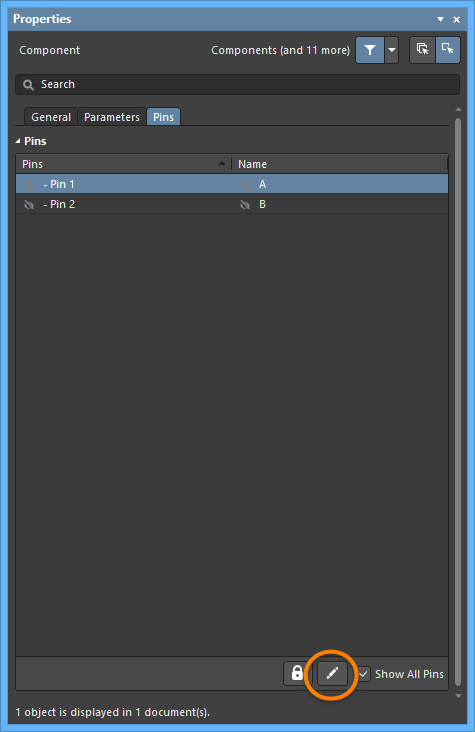 Use the highlighted button on the Pins tab of the Properties panel to open the Component Pin Editor dialog.