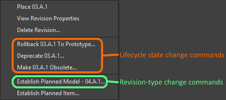 Right-click on a cell in the Item view to change the revision, or lifecycle state.
