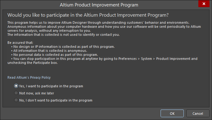 The Altium Product Improvement Program dialog