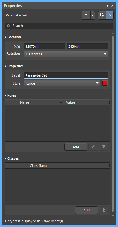 The Parameter Set mode of the Properties panel