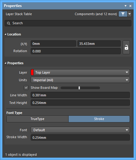 The Layer Stack Table mode of the Properties panel
