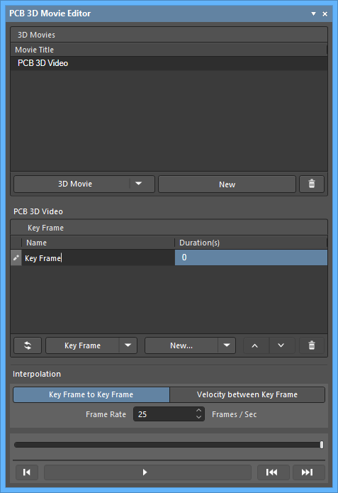 Use the PCB 3D Movie Editor panel to create a 3D movie.