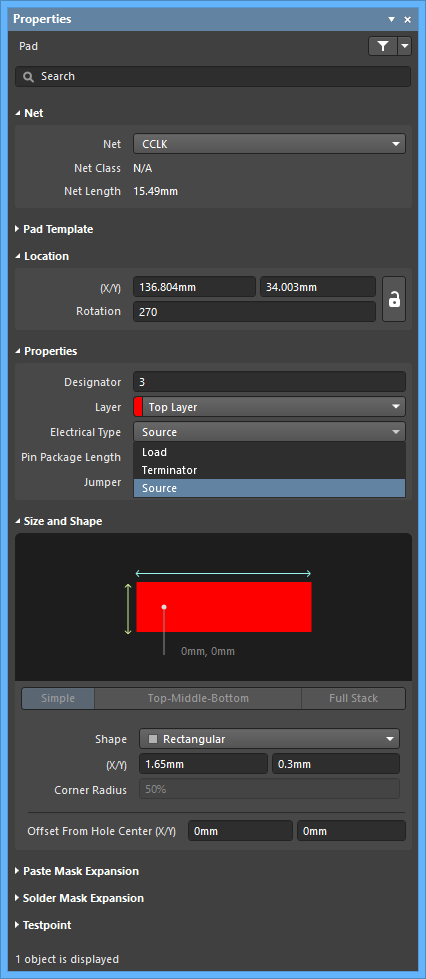 Setting a pad's Electrical Type to Source in the Pad mode of the Properties panel.