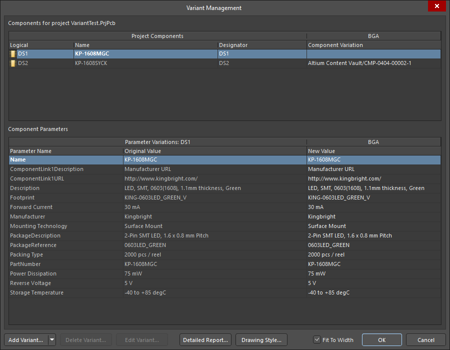 Variant Management dialog, opened to display only the components selected on the schematic