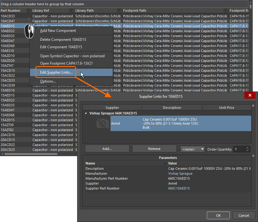 Existing supplier links can be edited via the right-click menu