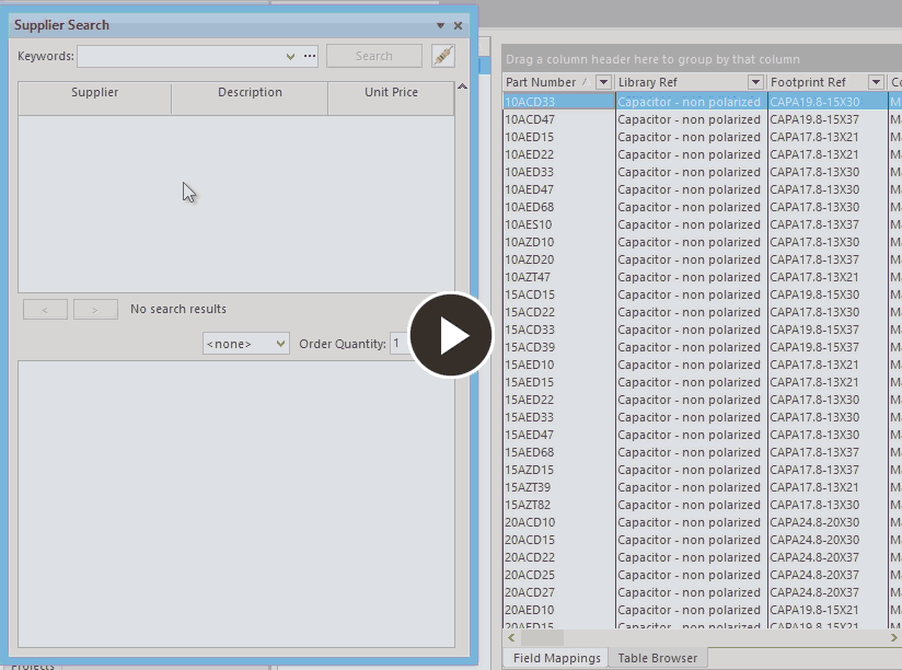 Demonstrating the addition of a Supplier Link to a component record in a database linked by a DbLib file.
