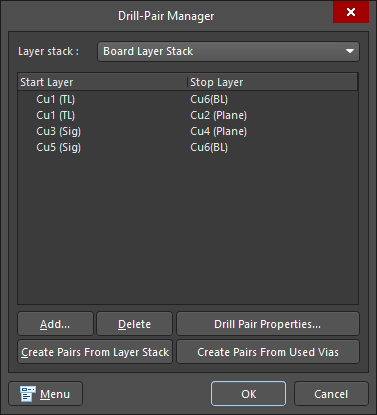 Configure the start and stop layer for valid layer pairs.