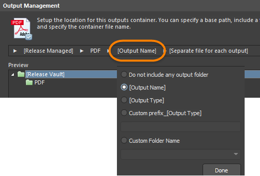 Options to define filename and optional sub-folder.