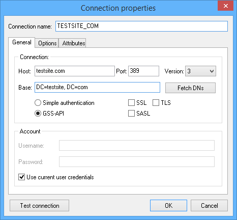 Пример настройки соединения при использовании стандартного LDAP. При использовании LDAPS (LDAP через SSL) нужно изменить порт на 636 и включить параметр SSL.