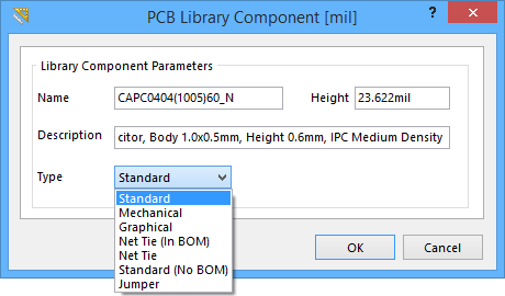The PCB Library Component dialog.