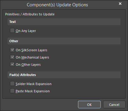 The Components Update Options dialog