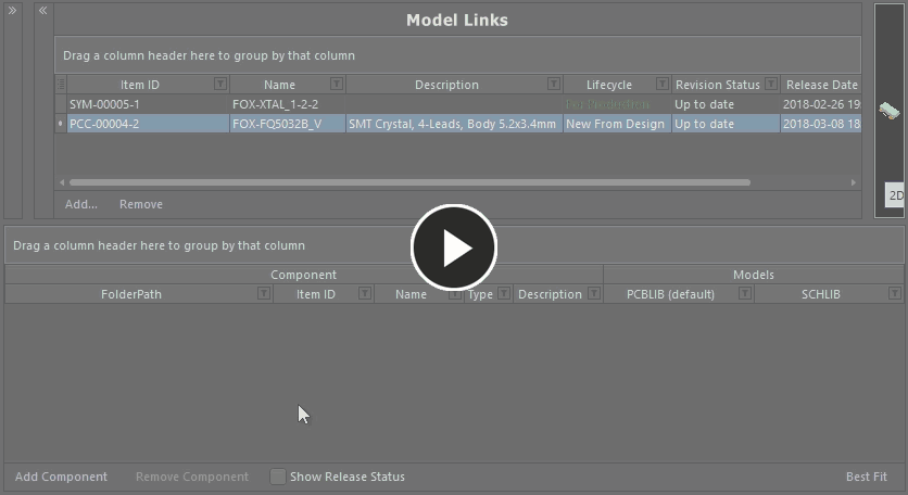 Assign a model and add a new component on-the-fly, using drag and drop from the Model Links region.