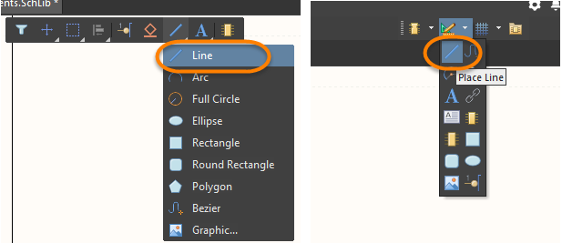 The Place Line button on the Active Bar (left) and the Utilities toolbar drop-down (right).