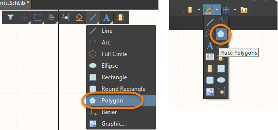The Place Polygon button on the Active Bar (left) and Utilities toolbar drop-down (right) 