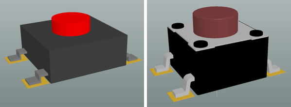 同一封装，在左边，从一套“3D体”对象中创建物理元器件，而在右边，则已导入一个STEP模型。