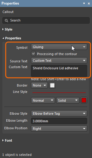 Properties panel for a Callout, highlighting where special symbols are selected