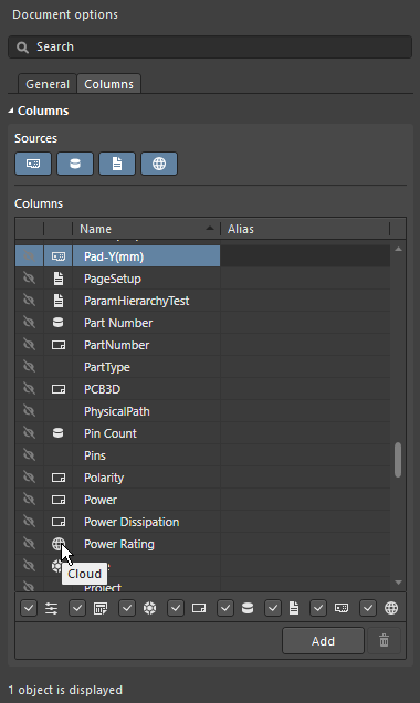 The source of each parameter is indicated by the icon in the list of columns.