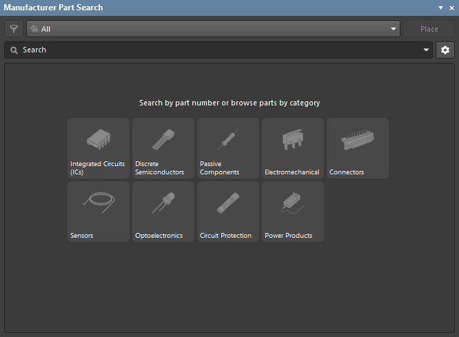 The Manufacturer Part Search panel, before performing a search.