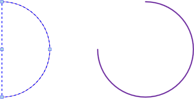 Два размещенный объекта Arcs; дуга слева находится в режиме редактирования.
