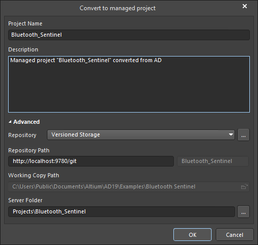 The Convert to managed project dialog