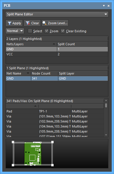 The Split Plane Editor mode of the PCB panel