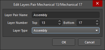 The Edit Layer dialog for an individual mechanical layer on the left, and the Edit Layer dialog for a Component Layer Pair on the right.