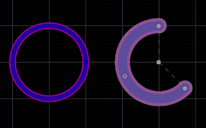 Two bottom layer Keepout Arcs: on the left is a Full Circle Keepout Arc; on the right

is a Keepout Arc selected for editing.