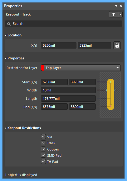 The Track Keepout default settings in the Preferences dialog and the Keepout - Track mode of the Properties panel