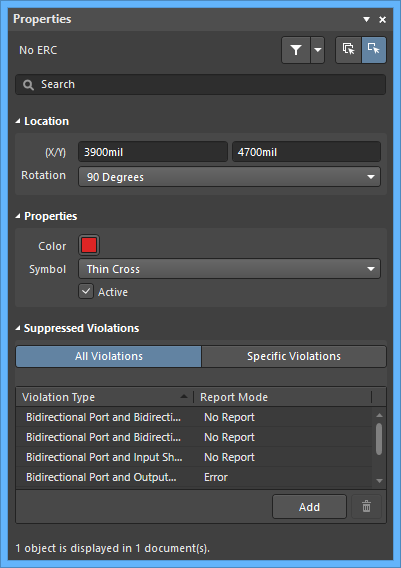 The No ERC default settings in the Preferences dialog and the No ERC mode of the Properties panel