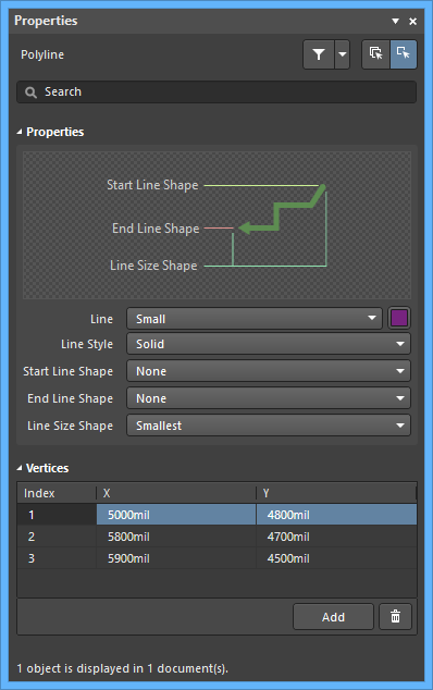The Polyline default settings in the Preferences dialog and the Polyline mode of the Properties panel