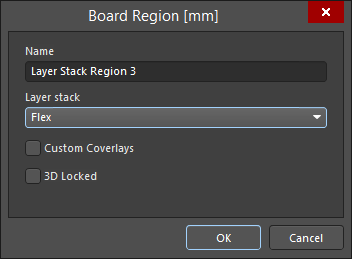 Название региона платы и назначенный ему стек слоев определены в диалоговом окне Board Region. Один регион должен быть заблокирован в качестве базы в 3D-пространстве.