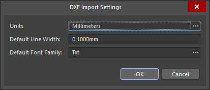 Диалоговое окно DXF Import Settings