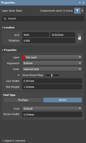The Layer Stack Table mode of the Properties panel