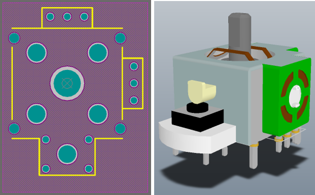 2D- и 3D-вид посадочного места компонента (джойстик). На 3D-виде отображена импортированная STEP-модель компонента. Обратите внимание, что контактные площадки и шелкография компонента отображаются под STEP-моделью.