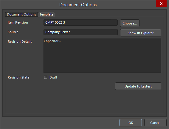 The Template tab of the Document Options dialog