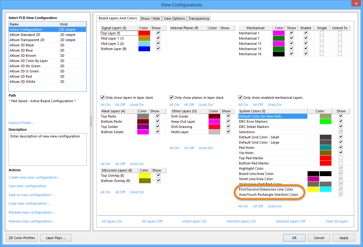 View Configurations ダイアログの System Colors 領域にある 2 つの新しいオプション