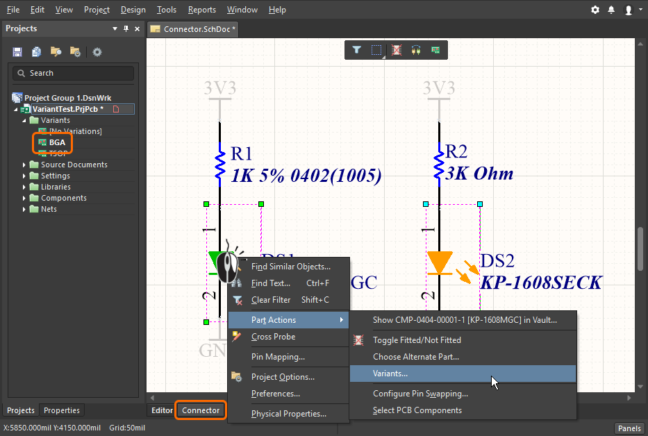 Modifying the variant properties of components selected on the schematic