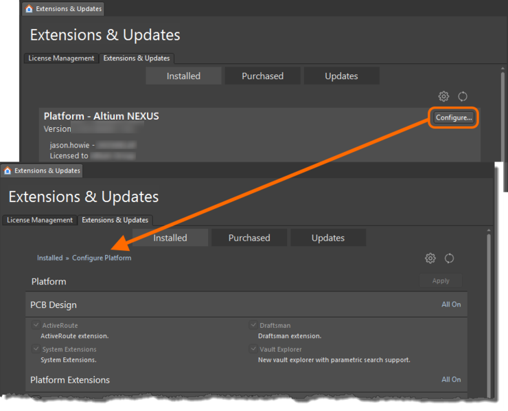First access the Configure Platform page of the Extensions & Updates view.