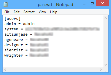 In a default installation of Altium Concord Pro, user credentials are stored for the Version

Control service in the associated passwd file. The passwords can be cleared manually.
