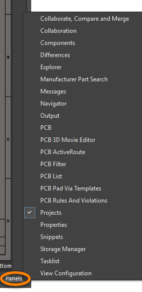 Use the Panels button at the lower right of the workspace to quickly access available panels,

in context with the document editor you are currently using.