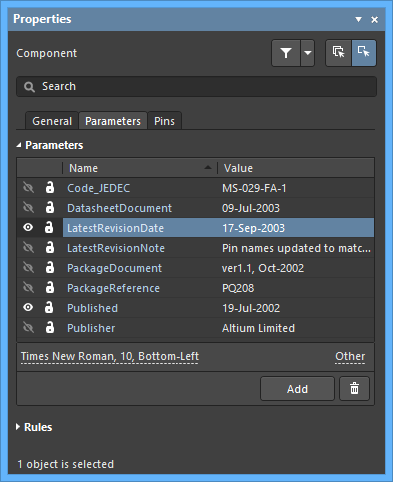 Parameters added to the component