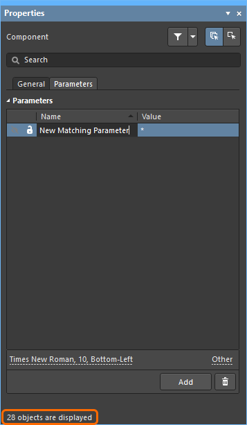 Schematic library editor Properties panel, being used to add a new parameter to all parts in the library