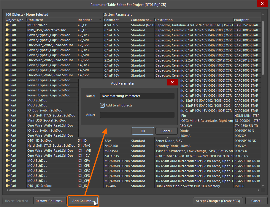Parameter Table Editor dialog, being used to add a new parameter to all components in the design