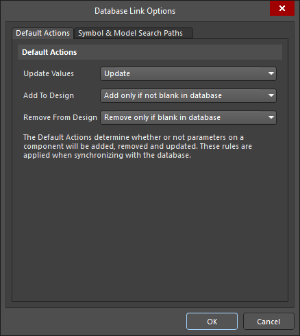 Database Link Options dialog, showing the Default Update options