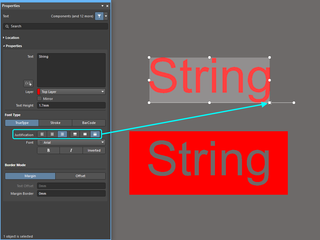 Both standard and inverted text strings now support justification and margins. Hover the cursor over the image to show the justification reference point for the inverted string.