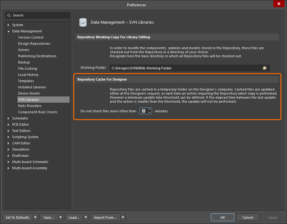 The frequency that the repository cache is refreshed is configured in the Preferences dialog