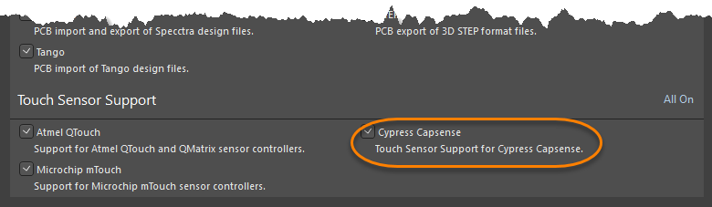 Затем включите опцию Cypress CapSense в разделе Touch Sensor Support.