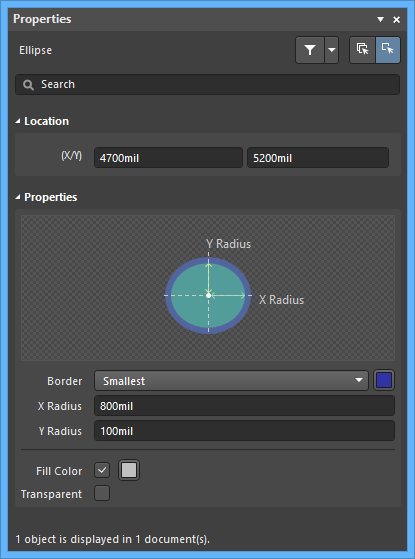 The Ellipse default settings in the Preferences dialog and the Ellipse mode of the Properties panel