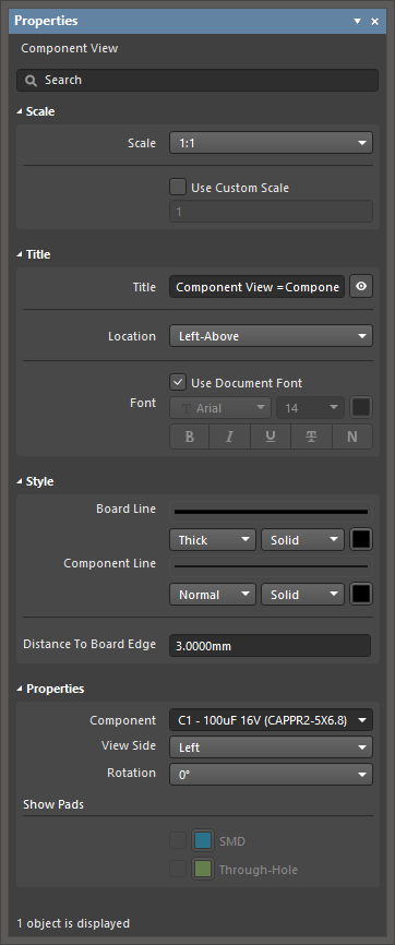 The Component View default settings in the Preferences dialog and the Component View mode of the Properties panel